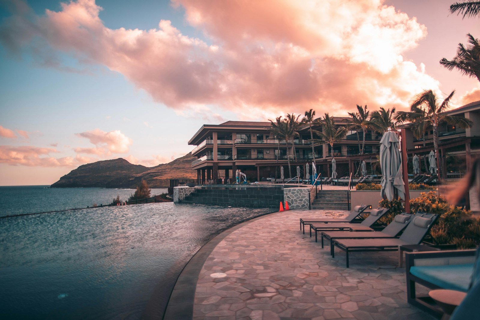Resort-style pool at sunset