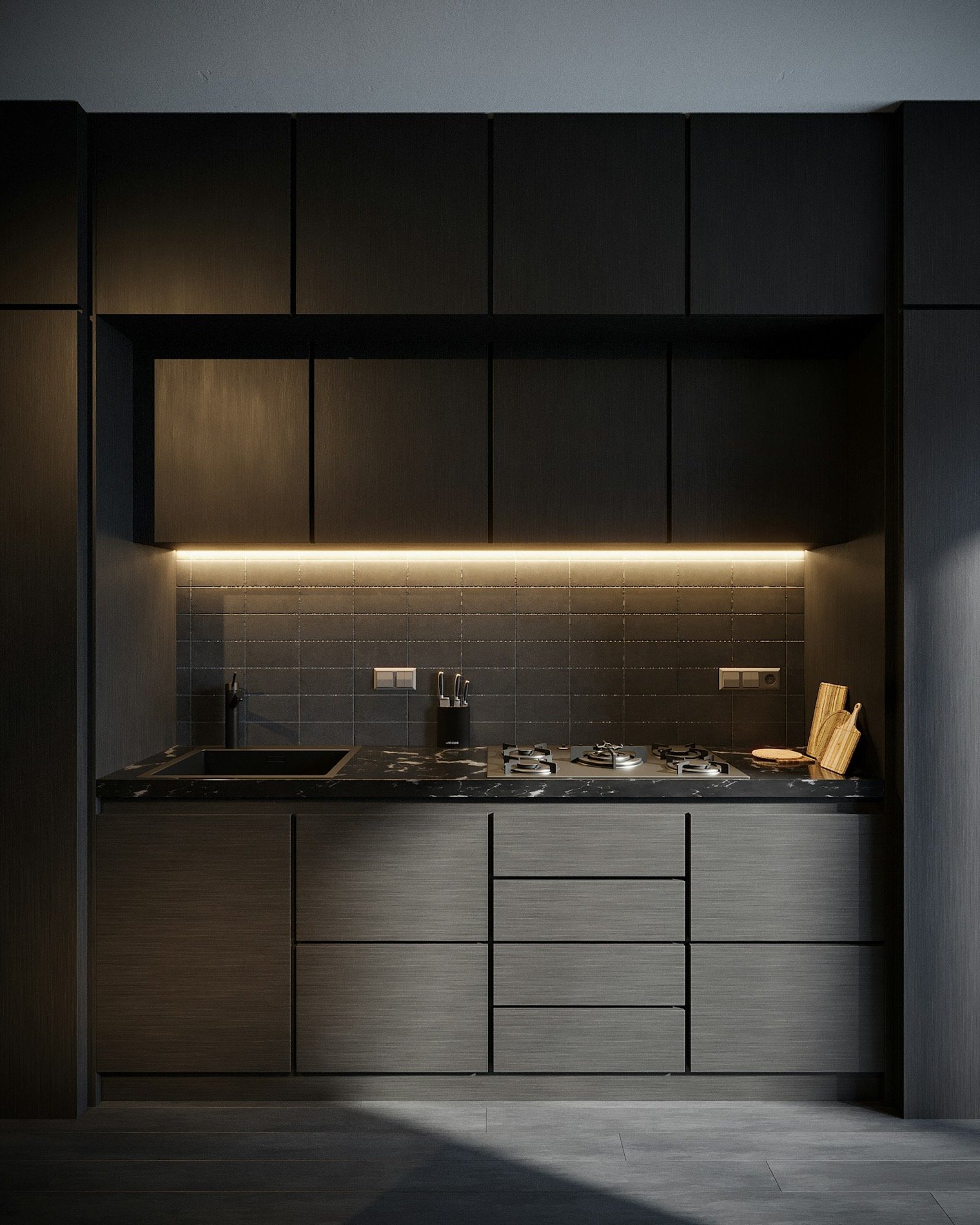 New graphite shaker kitchen with hexagon backsplash